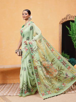 SILK ZONE Printed Chanderi Cotton Blend Saree(Green)