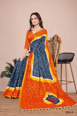 Sindharat Fashion Printed Bandhani Cotton Blend Saree(Blue, Orange)