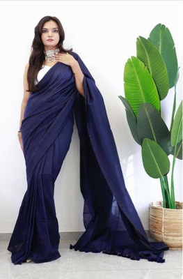 Maku Solid/Plain Handloom Pure Cotton Saree(Dark Blue)