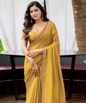 Satrani Embroidered, Embellished Bollywood Silk Blend Saree(Mustard)