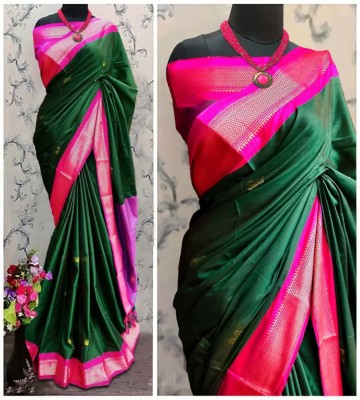 Fab Silk Embroidered Paithani Cotton Silk Saree(Green, Pink)