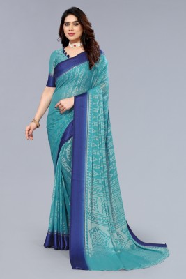 Winza Designer Self Design, Printed, Geometric Print Bollywood Chiffon, Brasso Saree(Light Blue, Blue)