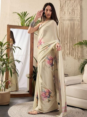 WELE DERBIES Printed Bollywood Georgette Saree(Cream)