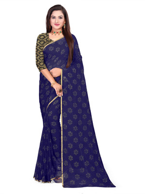 RHEY Printed Bollywood Chiffon Saree(Dark Blue)