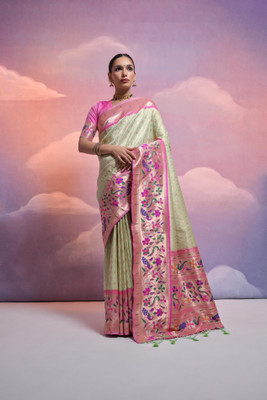 PeachPetals Woven, Self Design, Floral Print Paithani Cotton Blend Saree(Pink)