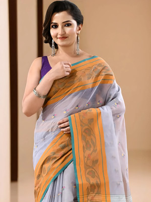 TANTLOOM Printed, Woven Handloom Pure Cotton Saree(Grey)