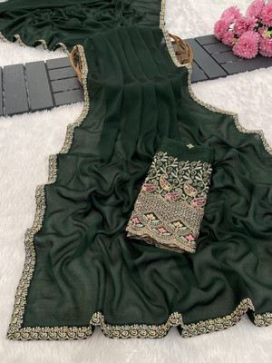 K 5 FASHION Embroidered, Solid/Plain Bollywood Chiffon Saree(Dark Green)