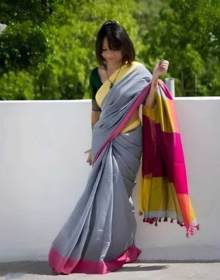 Swapna boutique Solid/Plain Handloom Pure Cotton Saree(Grey)