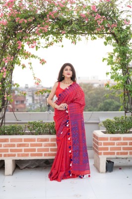 RUPANJALI Woven Jamdani Pure Cotton Saree(Red)