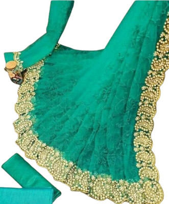 SkyFlock Embroidered, Embellished Bollywood Net Saree(Green)