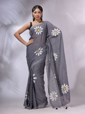 Aika Floral Print Daily Wear Linen Saree(Grey)