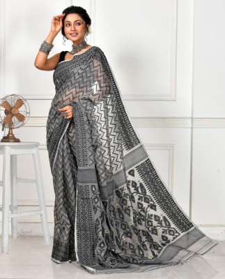 Mystory Woven Jamdani Handloom Cotton Blend Saree(Black, Grey)