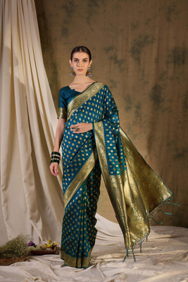 Sangria Woven Saree with Attached Blouse Silk Blend Saree(Blue)