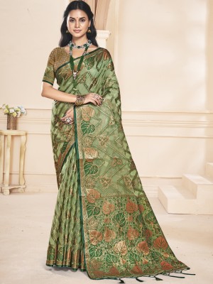 BUNAWAT Self Design Handloom Organza Saree(Green)