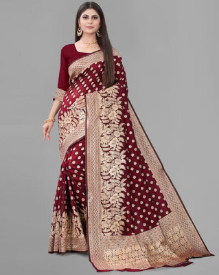 SAI LEELA CREATION ART Woven, Dyed, Solid/Plain Kanjivaram Silk Blend, Jacquard Saree(Maroon)