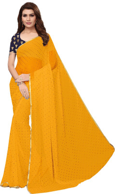 V And V Shop Solid/Plain Bollywood Chiffon Saree(Yellow)