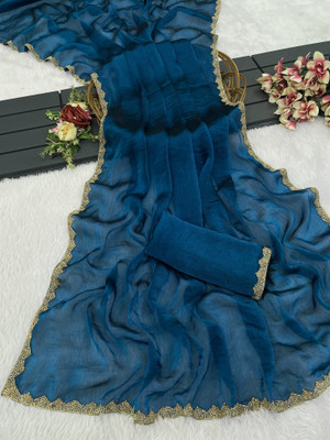 KanjiQueen Solid/Plain, Embellished Daily Wear Pure Silk, Jimmy choo Saree(Light Blue, Gold)