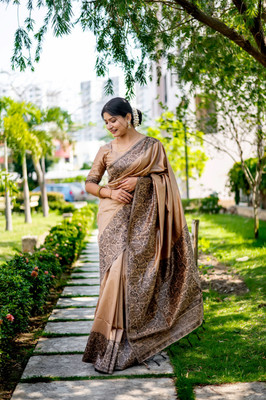 PeachPetals Woven Handloom Cotton Silk Saree(Cream)