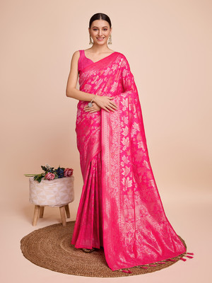 Yogik Creation Floral Print Banarasi Silk Blend Saree(Pink)