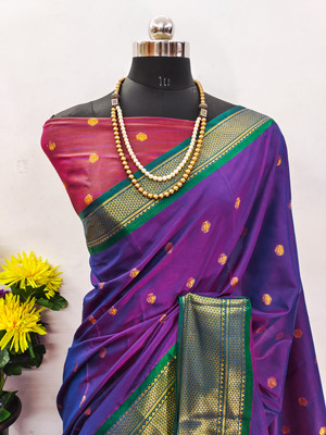 VILLAGIUS Embellished, Woven, Temple Border, Printed Banarasi Art Silk, Cotton Silk Saree(Purple)