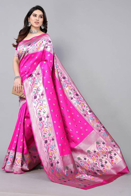 nosequeen Woven, Striped, Floral Print Paithani Art Silk, Silk Blend Saree(Pink)