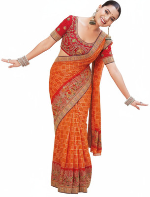 Drapasya Embroidered, Woven, Floral Print Handloom Pure Silk Saree(Orange)