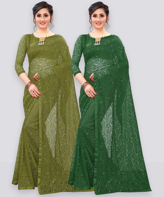 LOROFY Embellished Bollywood Net Saree(Pack of 2, Green, Light Green)