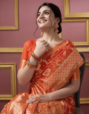 Samah Woven, Embellished, Self Design Banarasi Cotton Silk, Art Silk Saree(Orange, Gold)