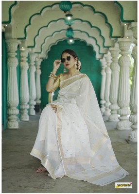 HANSIKA FASHION Applique Banarasi Pure Silk, Cotton Silk Saree(White)