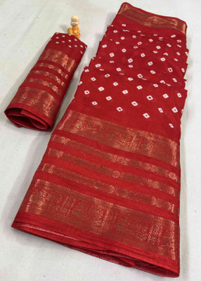 RegalDrapes Printed Bandhani Jacquard, Silk Blend Saree(Red)