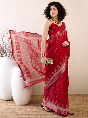 Tasrika Printed Pre Draped Saree Cotton Linen Saree(Red)
