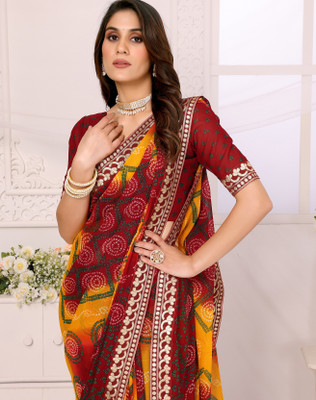 YASHIKA Printed Daily Wear Georgette, Lace Saree(Maroon)