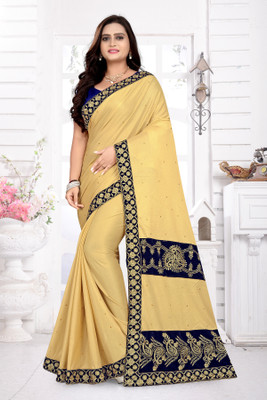 S.B Creation Self Design Bollywood Velvet, Lycra Blend Saree(Cream, Blue)