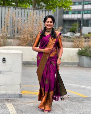 PHEASANT Woven, Self Design, Embellished, Animal Print Dharmavaram Jacquard, Art Silk Saree(Purple)