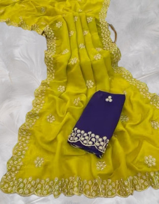 MR ENTERPRISE Embroidered, Floral Print Assam Silk Georgette Saree(Yellow)