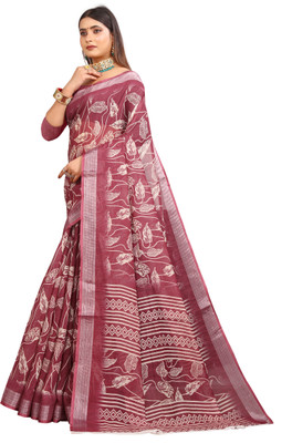 VISHNU Printed Kanjivaram Pure Cotton, Cotton Linen Saree(Maroon)