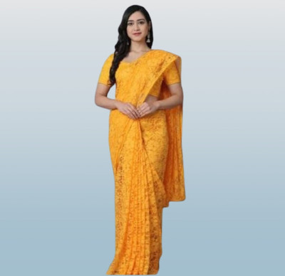 Nexafashion Floral Print Bollywood Net Saree(Yellow)