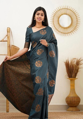 YASHIKA Printed Kanjivaram Cotton Silk, Jacquard Saree(Grey)