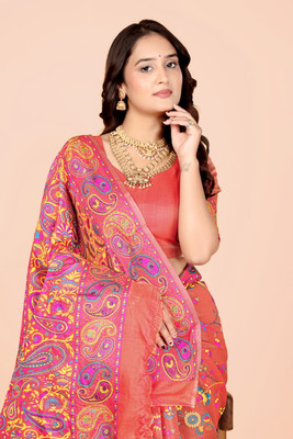 NEZAA EXPORT Woven Kanjivaram Pure Cotton Saree(Pink)