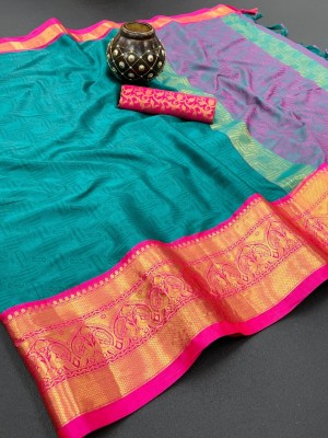 SHWENILA Printed Banarasi Cotton Silk Saree(Light Blue, Pink)