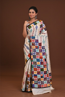 Ramshyam Collection Printed Kantha Pure Silk Saree(Multicolor)
