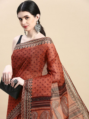 SHANVIKA Printed Daily Wear Pure Cotton Saree(Orange)