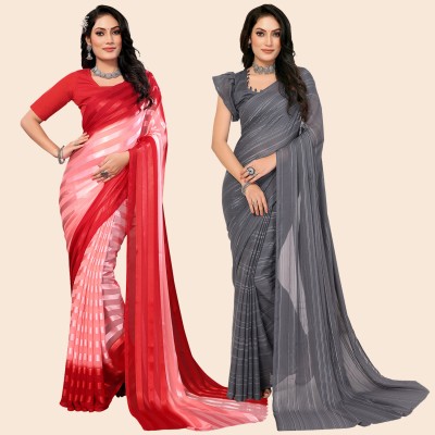 kashvi sarees Striped Bollywood Satin Saree(Pack of 2, Pink, Red, Grey)