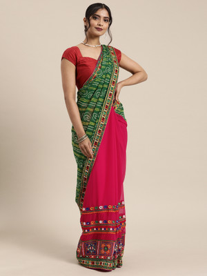 Divastri Embroidered Bandhani Georgette Saree(Pink, Green)