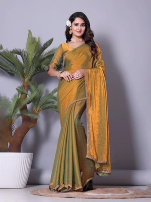 Vraggi Solid/Plain, Embellished, Embroidered Bollywood Chiffon, Pure Silk Saree(Gold)