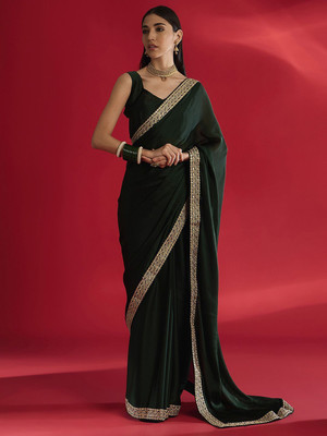 House of Pataudi Solid/Plain Daily Wear Satin Saree(Green)