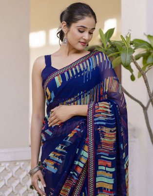 Samah Printed, Geometric Print, Embellished Bollywood Chiffon Saree(Blue)
