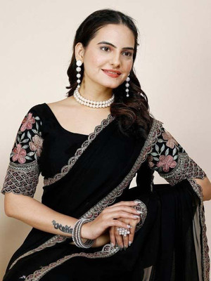 Anjani Textile Embroidered Daily Wear Chiffon Saree(Black)