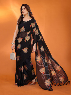 ANOUK Printed Saree with Attached Blouse Chiffon Saree(Black)