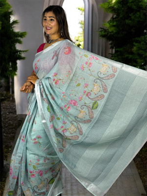 U CREATION Floral Print Bollywood Cotton Linen Saree(Light Blue)
